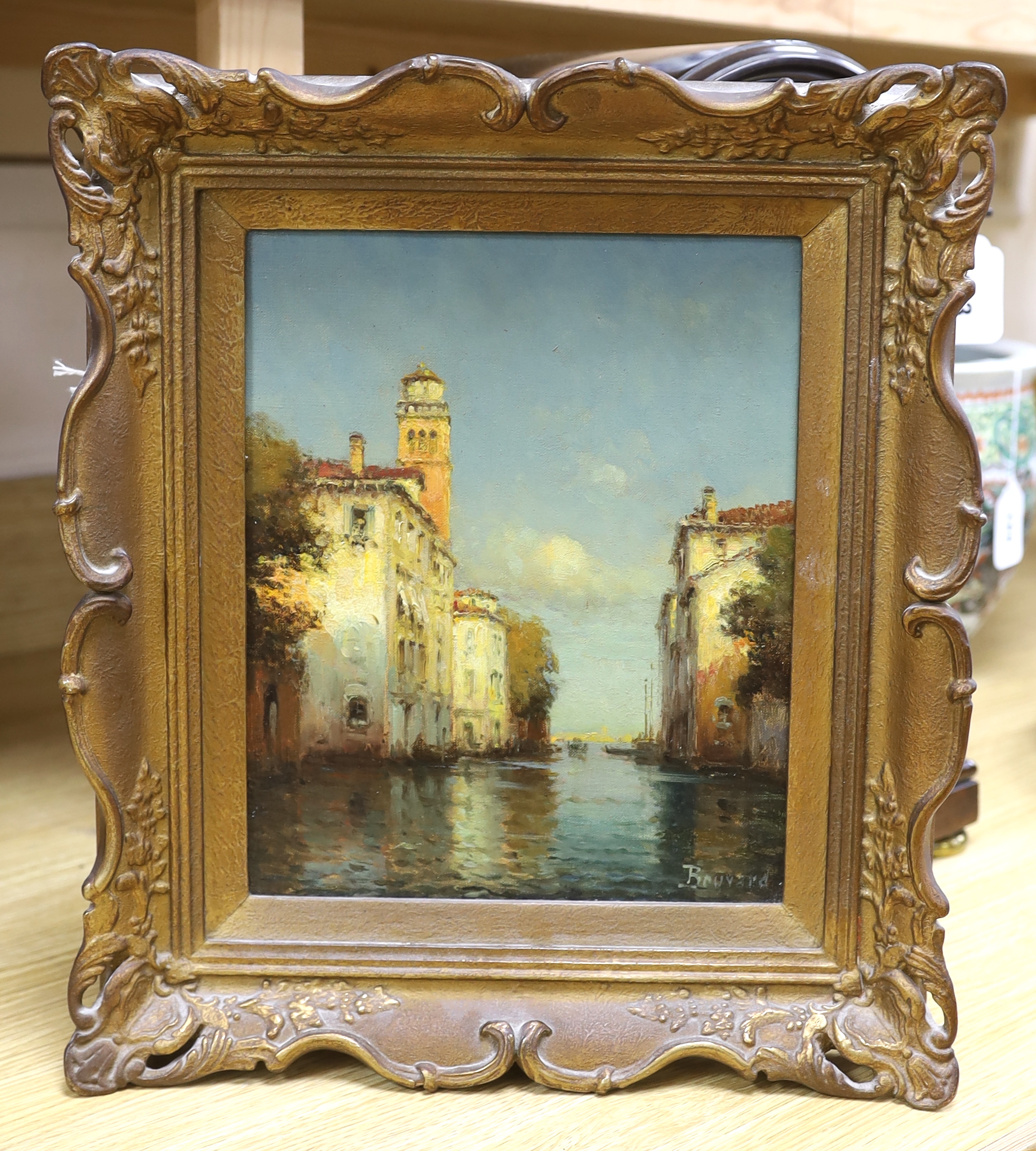 Bouvard, oil on canvas, Venetian canal, signed, details and stencil ‘GA993’ verso, 26 x 20cm, ornate gilt framed